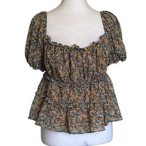 ASTR The Label Womens Ruffle Ruched Short Sleeve Top Peach Blue Ditsy Print Sz L